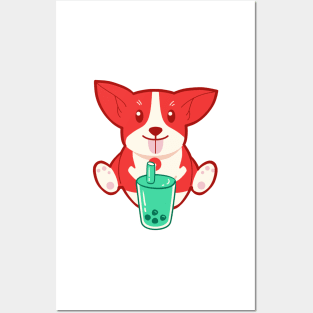 Red Corgi Dog Drinking Bubble Tea Posters and Art